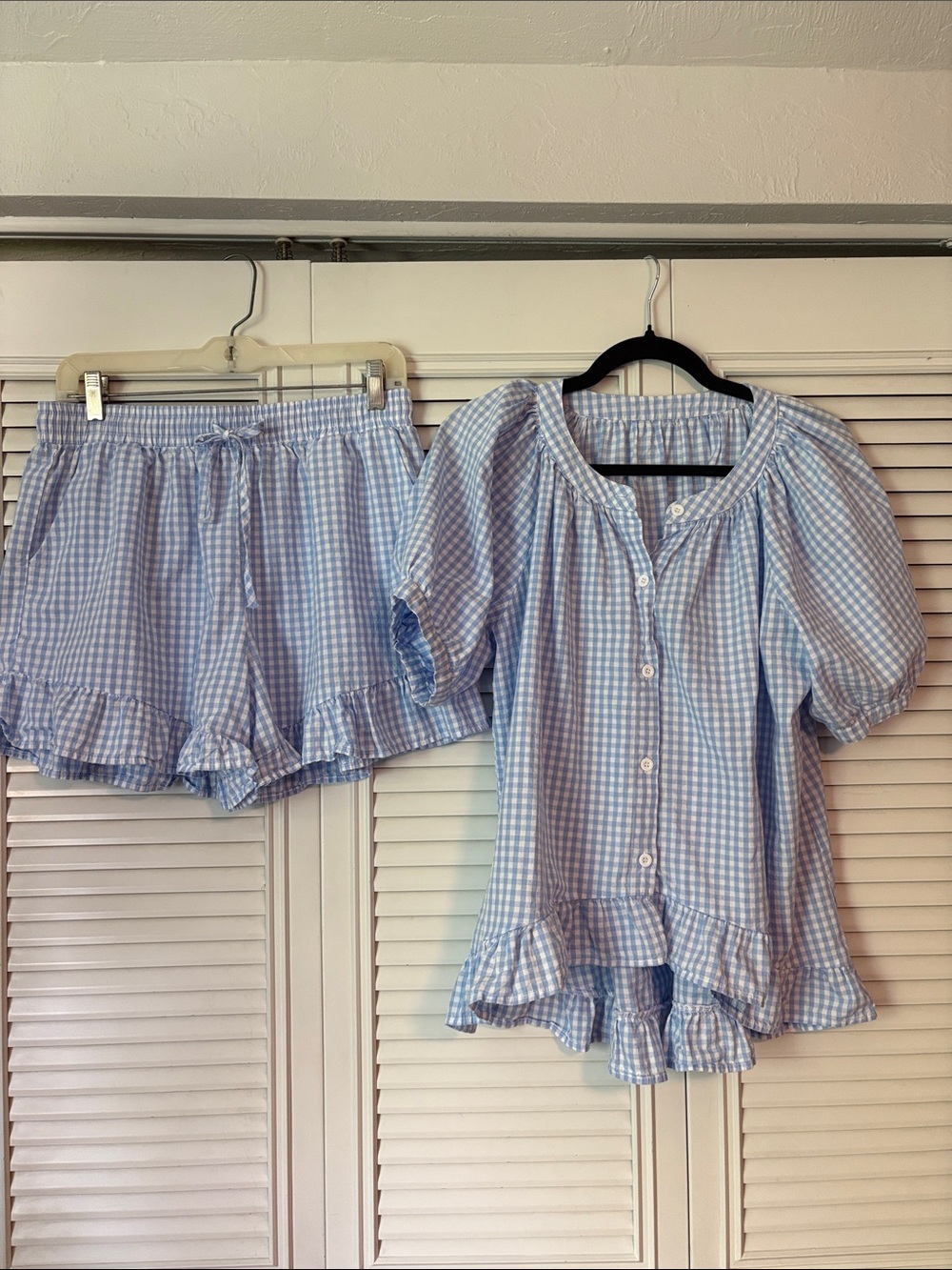 Women’s Gingham Blue Cotton Ruffle Pajama Set Size Large - Picture 3 of 7